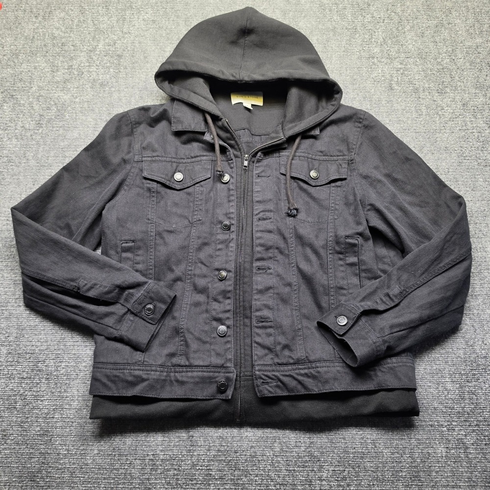 Sun + Stone Mens XL Black Hooded Trucker Jacket Layered Look Full Zip Jacket - Picture 7 of 10